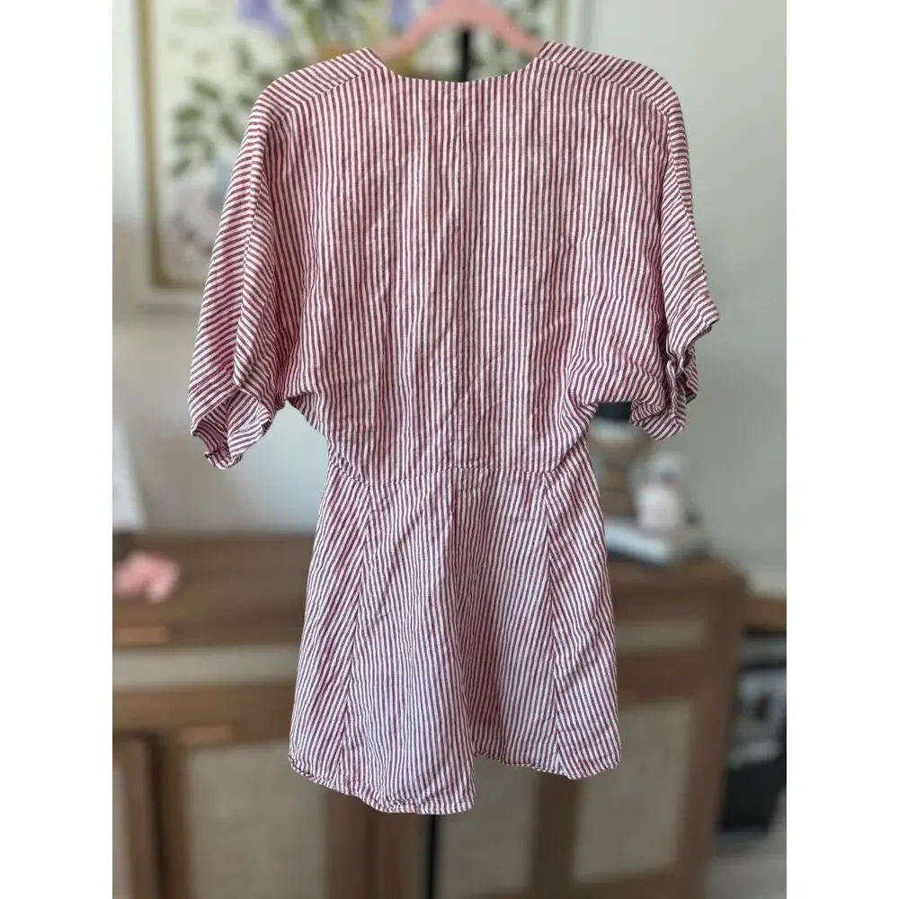 Reformation 100% Linen Striped Cecilia Kimono Mini Dress Red White Womens Size 4 - Picture 4 of 15